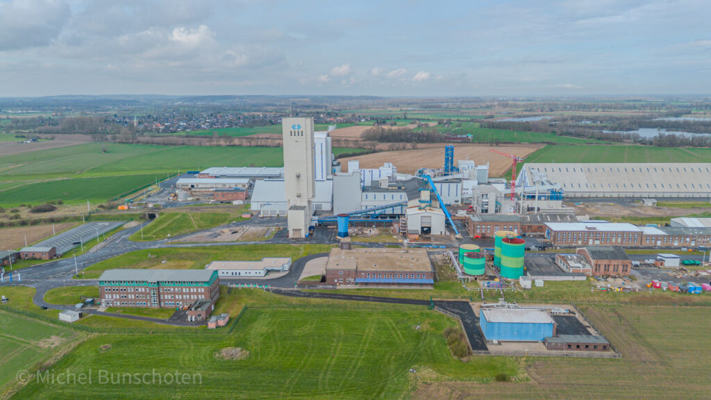 A drone photograph of the K+S Minerals and Agriculture salt mine in Rheinberg, Germany. The photo shows the entire site containing brine management treatment, salt storage and mine shafts
